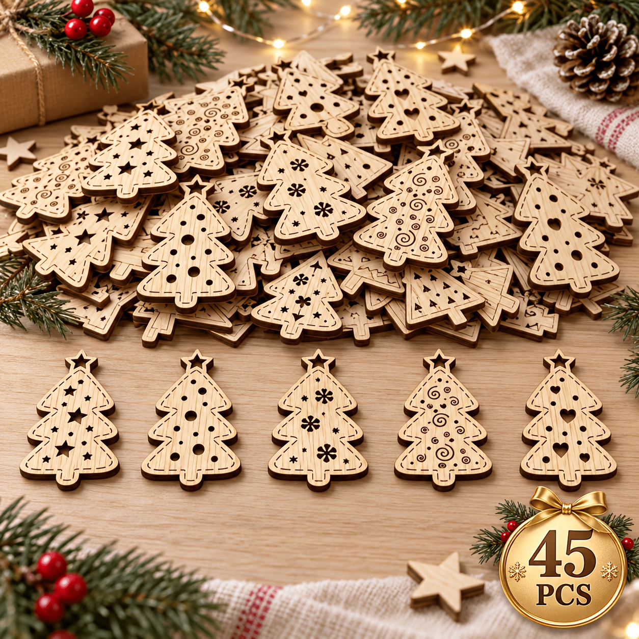 TEMU 45pcs Wooden Mixed Christmas Cutout Tree Slices For Diy Crafts, Used As Bookmarks And Gift Tags, Perfect For Christmas Gifting