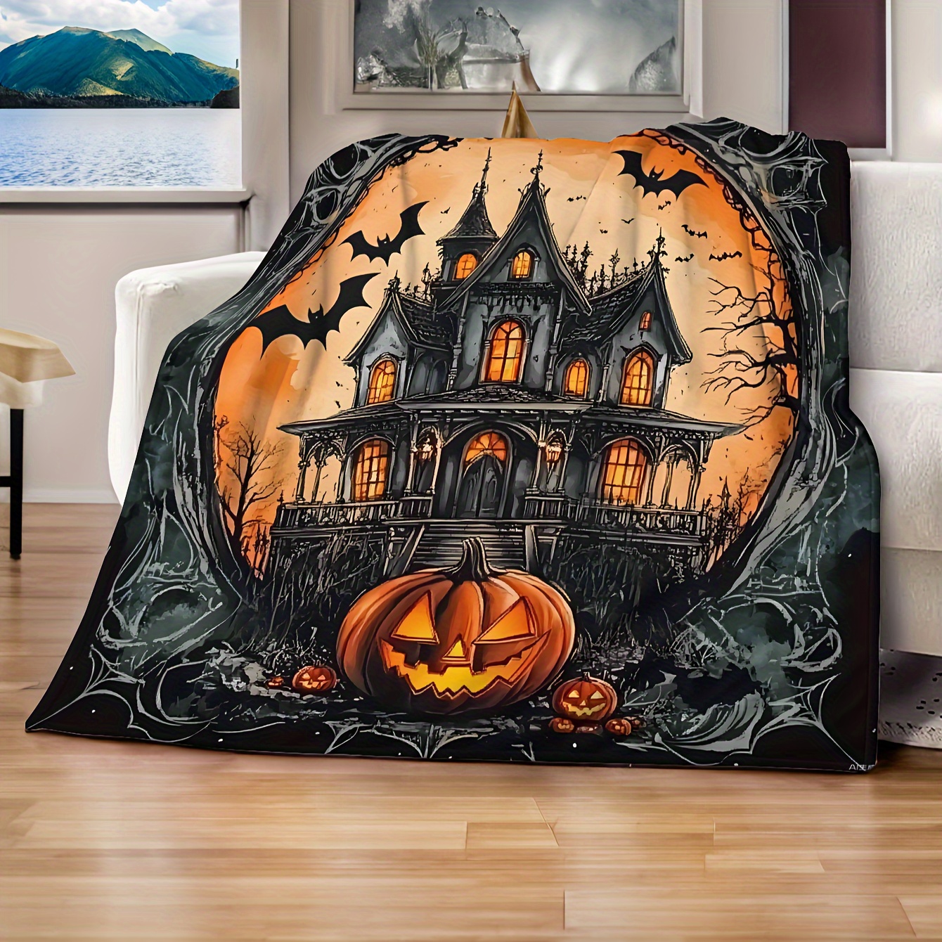 

Mid Century Horror-themed Flannel Throw Blanket - Soft Digital Print Polyester Castle Design, Warm Plush Couch Bedding For Autumn, Indoor/outdoor Decor, Party Supplies - 1pc