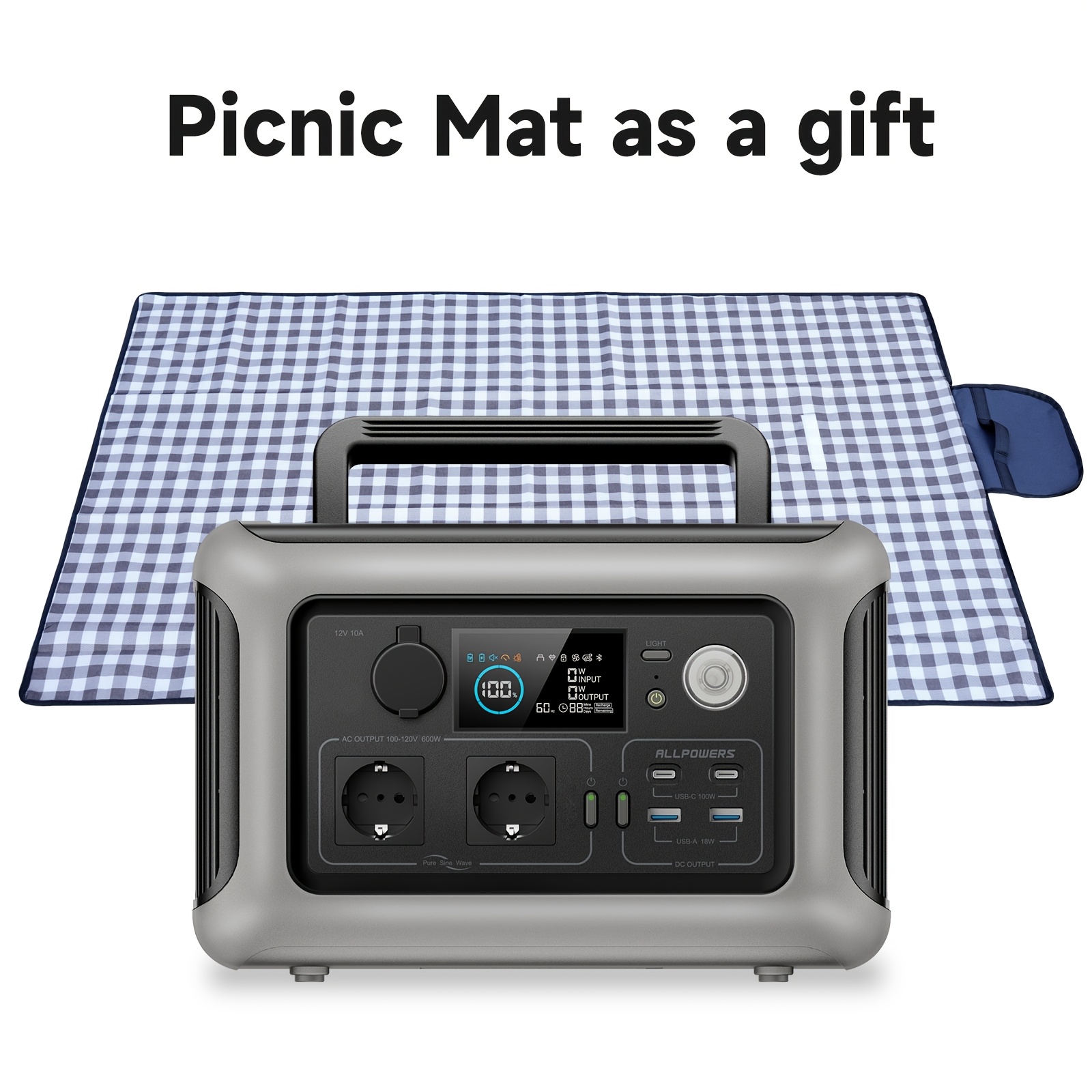 Image of Allpowers V2 With Picnic Blanket Outdoor Companion 600w (1200w ) Portable Power 299wh Lifepo4 For Motorhome, Camping & Travel (independent Shipping)