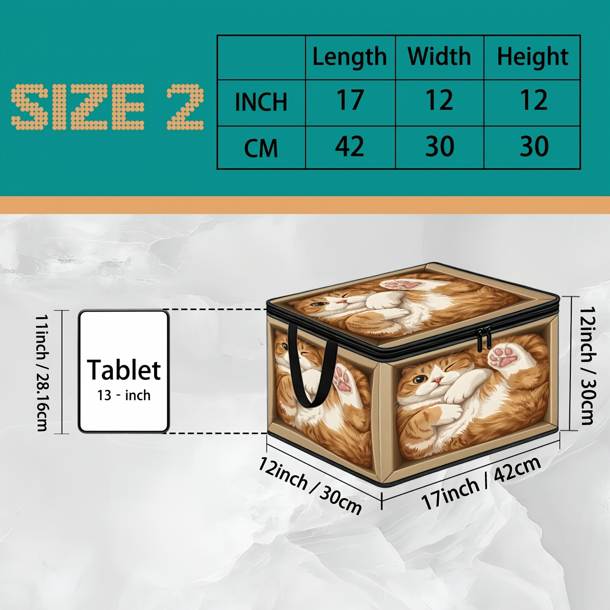 TEMU 1pc 1pcs Chubby Orange & White Cat Storage Box With Sturdy Zipper Closure - Foldable Non-woven Fabric Organizer Suitable For Clothes, Blankets,,