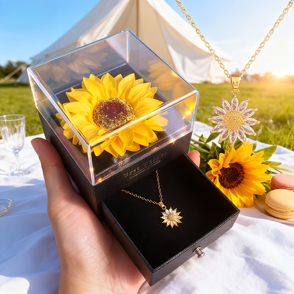 TEMU Sunflower Necklace Gift Box + Necklace, Sunflower Flower Gift, Valentine's Day Gift For Wife, Best Friend, Mom, Birthday, Anniversary, Mother's