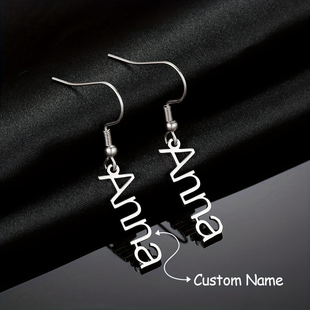 TEMU Custom Women's Stylish Drop Earrings With Personalized Vertical Name Pendants, Made Of 304l Stainless Steel Suitable For Everyday Wear, A Unique