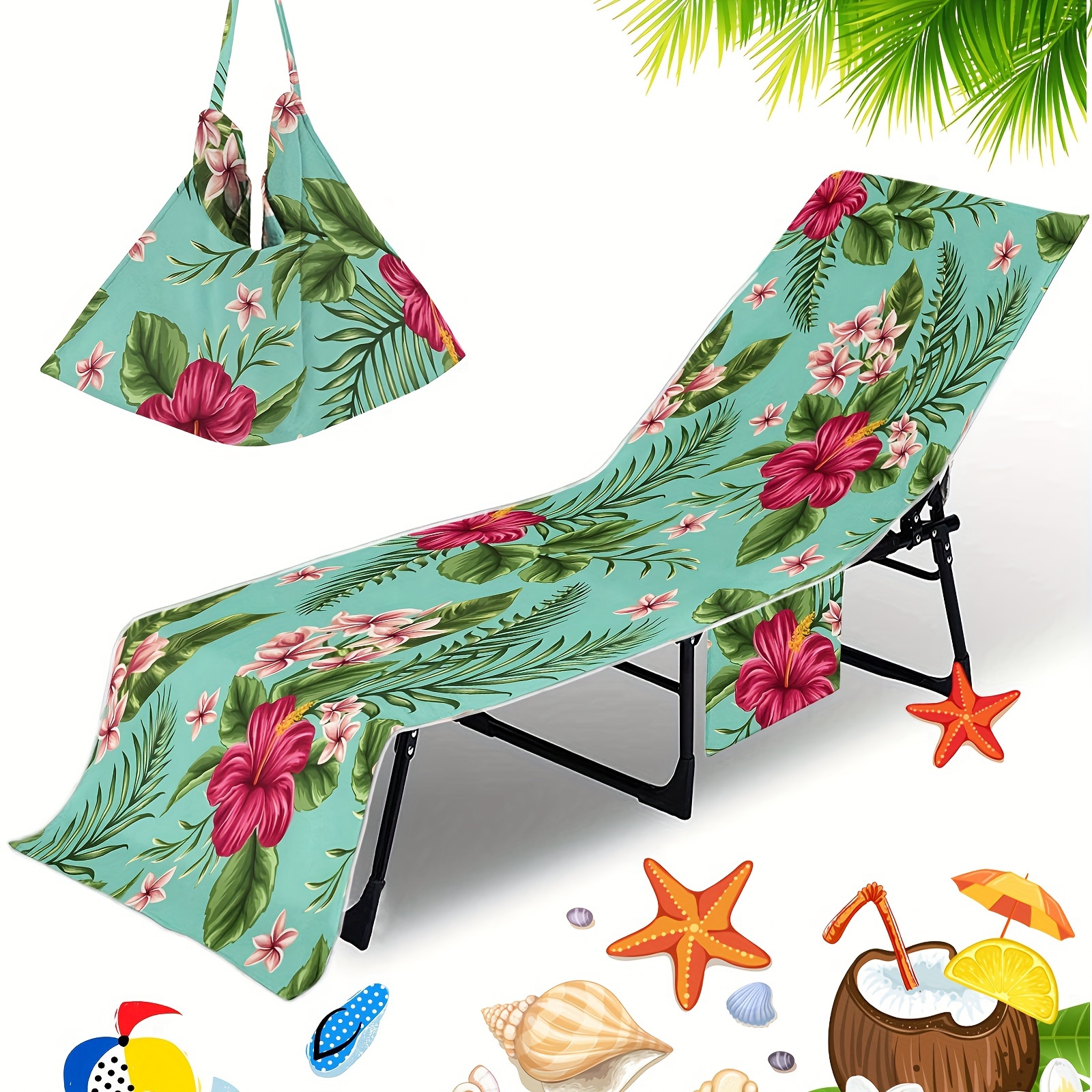 TEMU 1pc Flower Pattern Beach Chair Cover, Microfiber Quick Drying Towel Pool Chair Cover, Beach Towel Chair Cover With Pocket, Vacation Accessories,