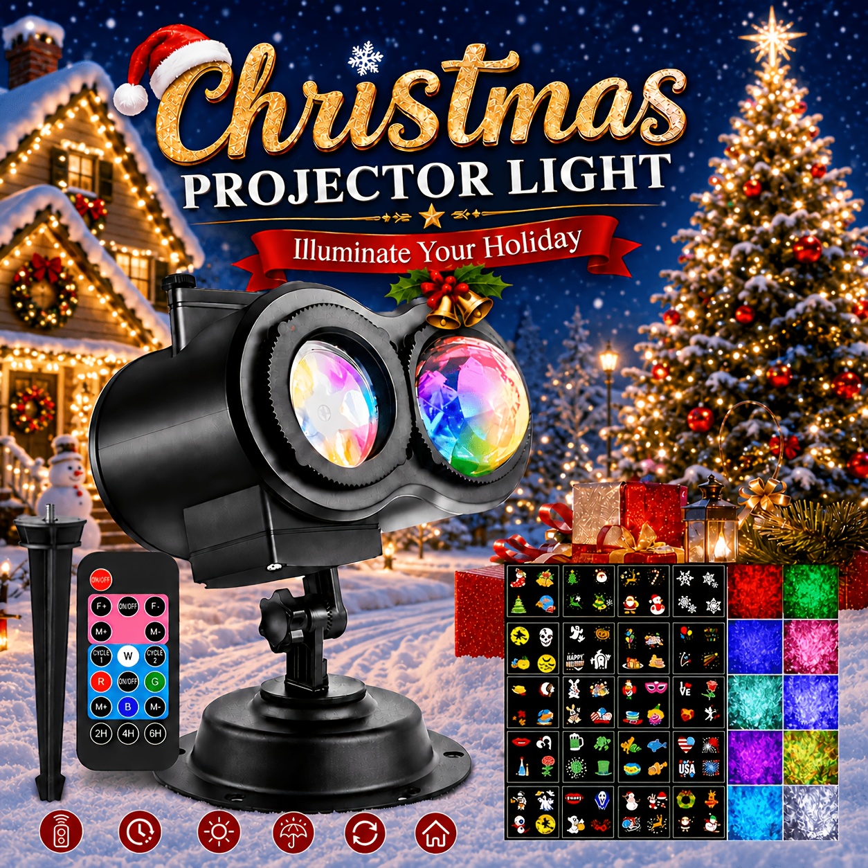 Image of Christmas Halloween Projector Lights Outdoor With Plug, 12 Slides Cards And 10 Ocean Wave, Ip45 And Remote Control, Timer Function, Holiday Projector For Party Decoration