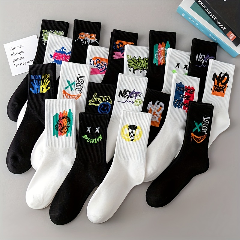 

20 Pairs Of Men's Cotton Fashion Print Anti Odor & Sweat Absorption Crew Socks, Comfy & Breathable Socks, For Daily Wearing, Spring And Summer