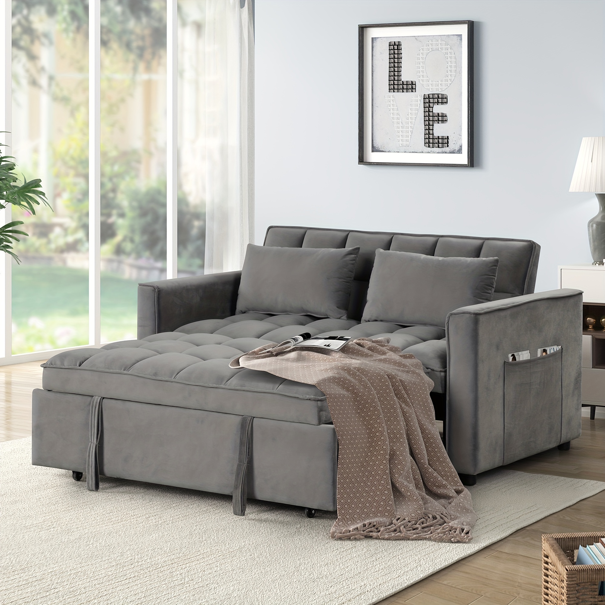 

Loveseat Sofa Bed With Reclining Backrest - Spacious Storage Pockets, Plush Fabric Upholstery, Includes Toss Pillows - Modern Space-saving Lounge Furniture For Living Room