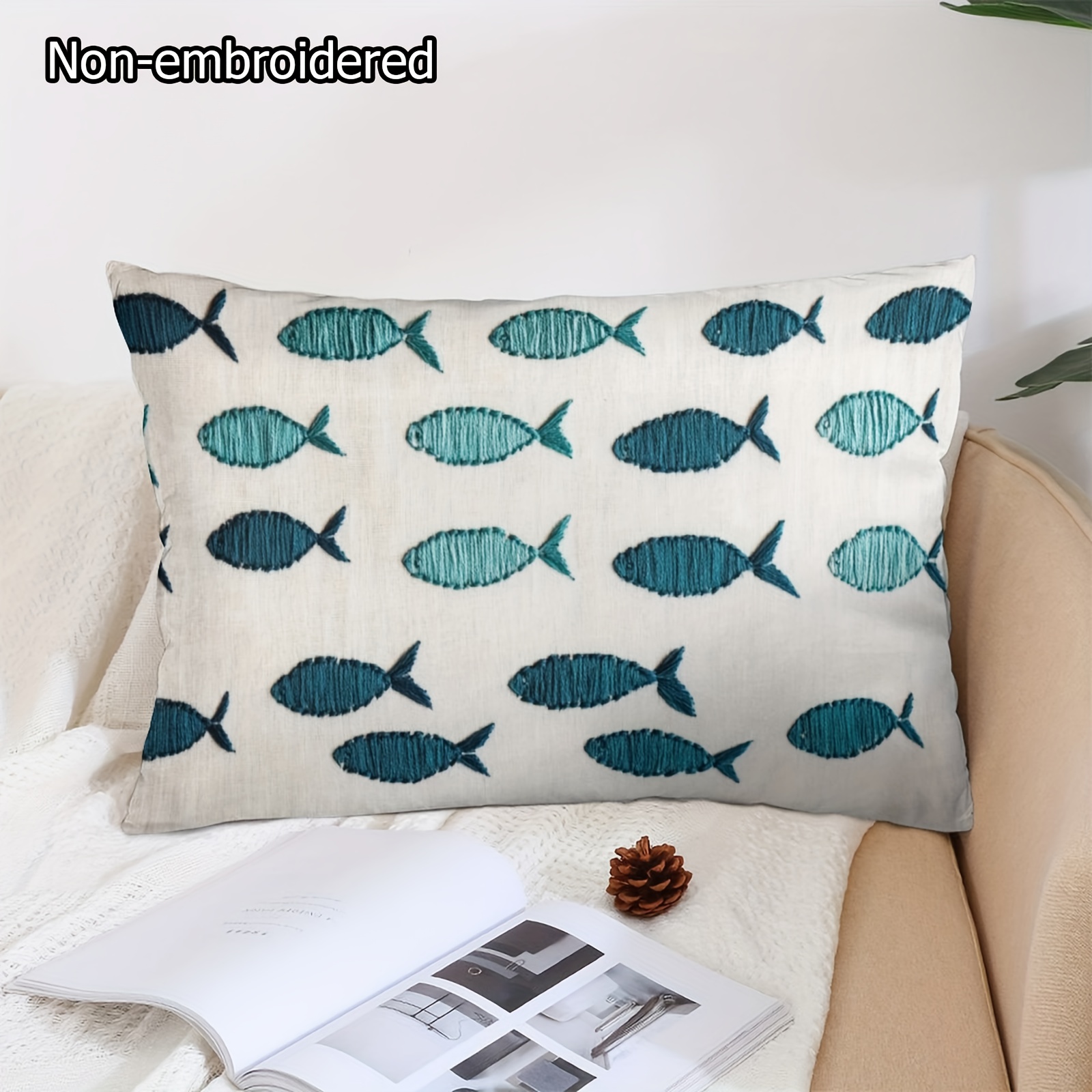 TEMU de Cojín de Peluche con Bordado de Pez Encantador 12x20 Pulgadas - , Acogedora, Decorativa para Sofá y Dormitorio, Cierre de Cremallera, Lavable