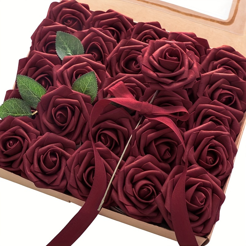 

25pcs Vintage Burgundy Foam Roses With Stems - Realistic Fake Flowers For Diy Wedding Bouquets, Bridal Showers & Party Decorations