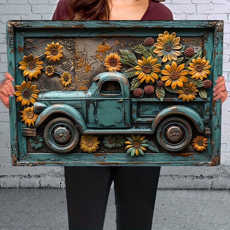 

1pc 2d Wooden Framed Canvas Painting Sunflowers & Car Wall Art Prints For Home Decoration, Living Room & Bedroom, Festival Party Decor, Gifts, Ready To Hang