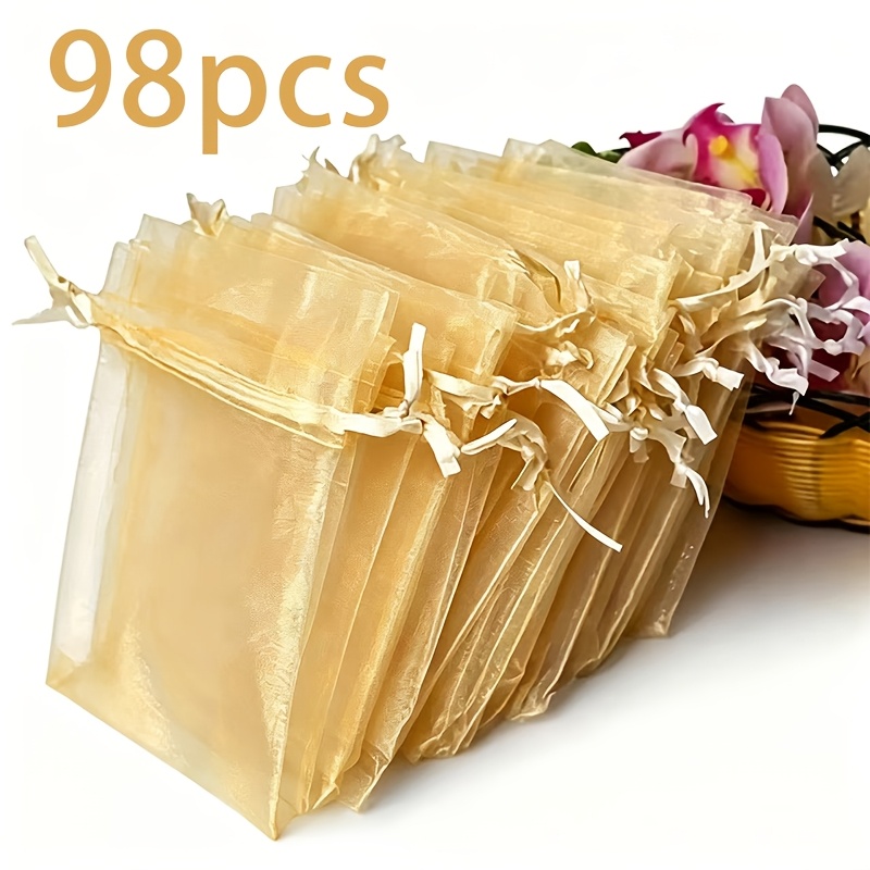 TEMU 98pcs Golden Transparent Organza Gift Bags With Drawstring Closure - Suitable For Wedding Favors, Party Supplies, Jewelry Boxes, Candy Bags,