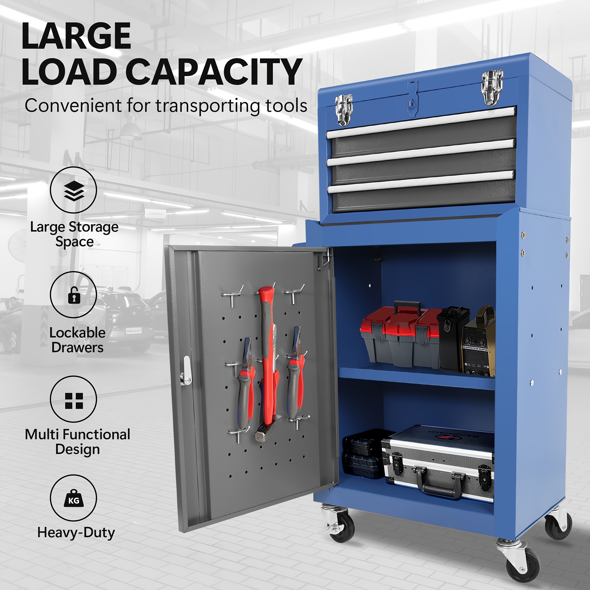 

Rolling Garage Workshop Tool Organizer: Detachable 3 Drawer Tool Chest With Large Storage Cabinet And Adjustable Shelf