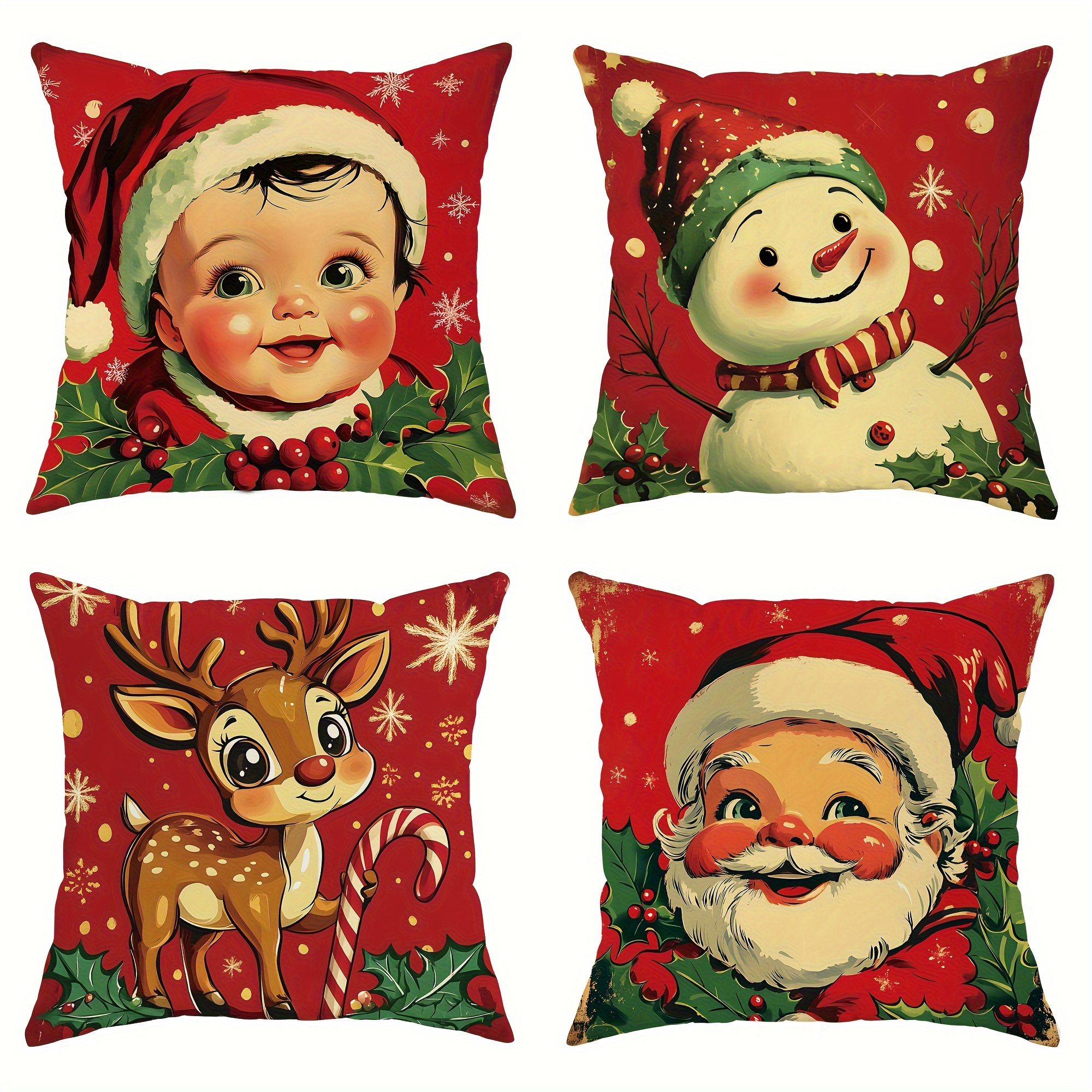 

Festive 4-pack Velvet Christmas Pillow Covers: Santa, Snowman, Deer, Designs - 18in X 18in, Soft, One-sided Printing, No Inserts Included