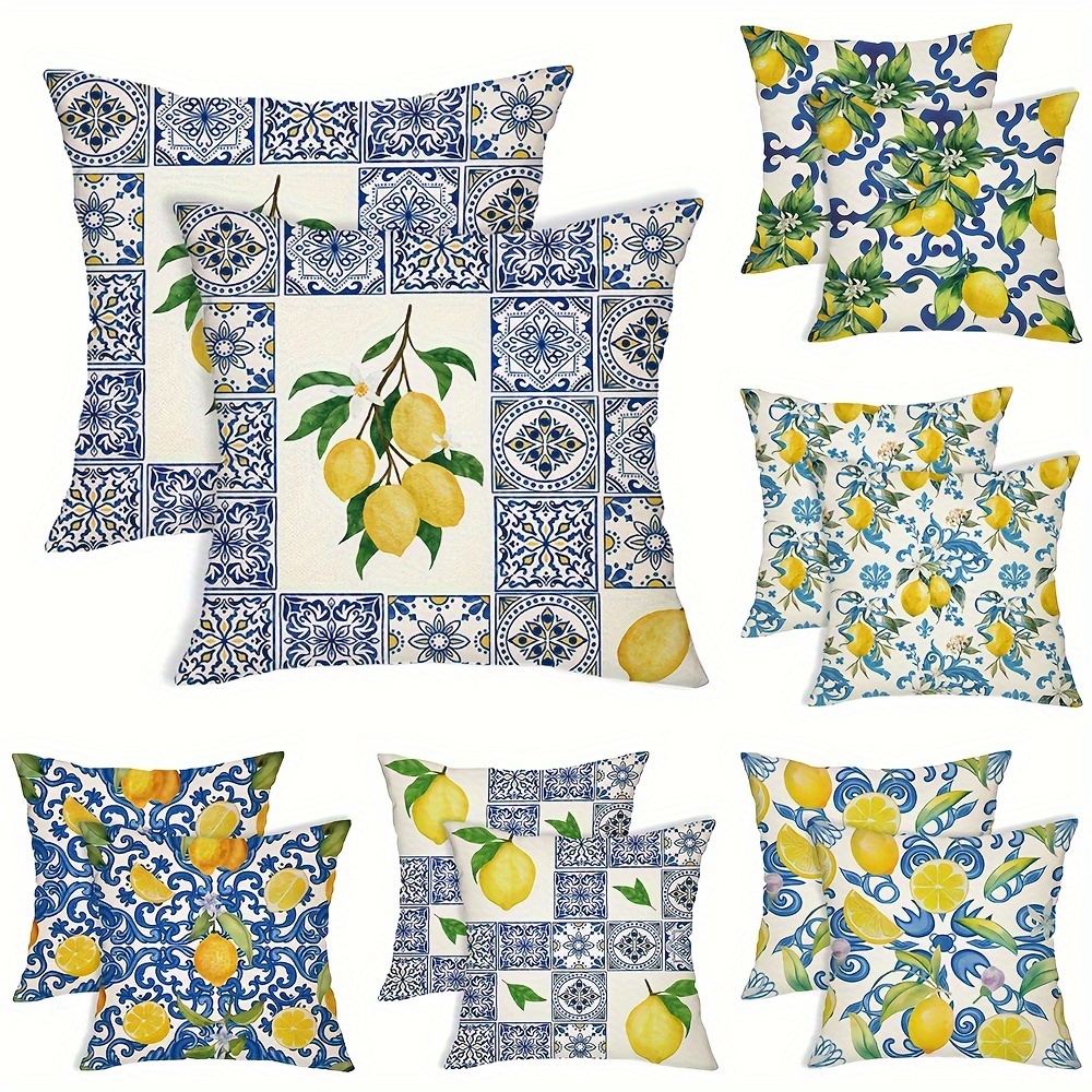 

2pcs Bohemian Lemon Pillow Covers 18x18 Inch, Yellow Lemon Baroque Print, Decorative Linen Blend Throw Pillow Cases For Sofa, Car, Bedroom Decor, Hidden Zipper Design, No Inserts Included