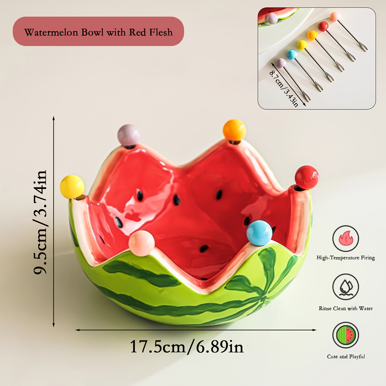 Image of 1 Set Of 7pcs, Including 6 Ceramic Watermelon Bowls With Forks, Stainless Steel Dessert Fruit Forks, Portable Dessert Cutlery - Suitable For Fruits And Desserts - Ideal For Home, Hotel, And Gifting