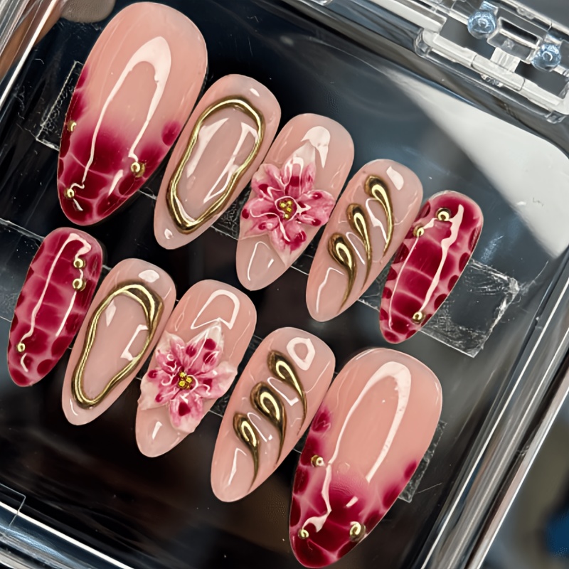 Image of 10pcs Medium Almond Press On Nails 3d With Detail, Spring Summer Elegant Style Glossy Full Cover Nail Tips Fake Nails Set, Diy Manicure For Women And, Perfect For Daily Wear, Party And Prom