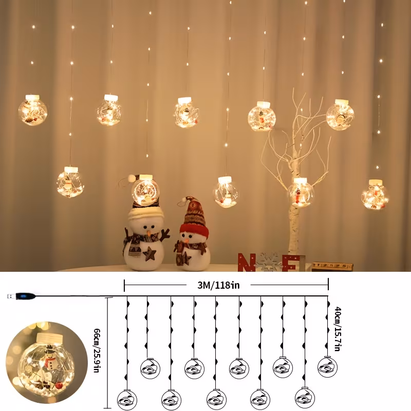 led christmas curtain lights with wishing ball snowman tree hanging decorations powered indoor outdoor holiday lights with push button control door or tabletop display durable plastic copper for christmas halloween 2