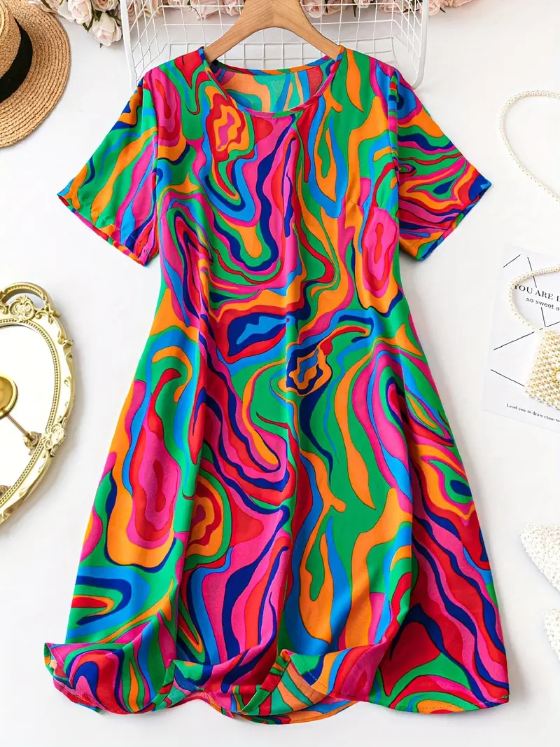 allover print short sleeve dress casual crew neck dress for spring summer womens clothing details 0