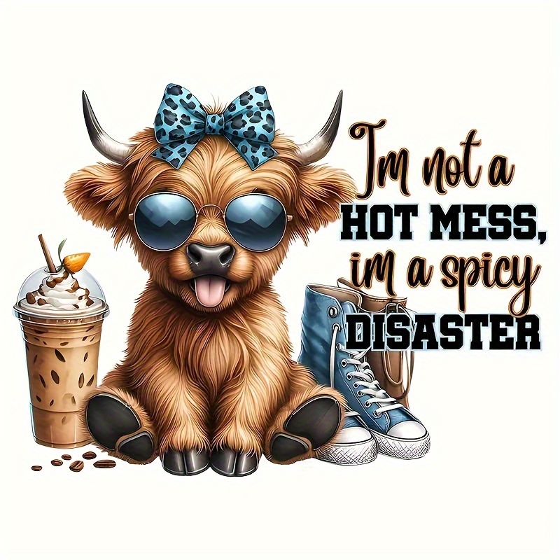 

1-pack Cattle-themed Iron-on Vinyl Transfer For T-shirts, Hoodies & Sweatshirts – Quirky "i'm Not A Hot Mess, I'm A Spicy Disaster" Design With Blue Leopard Print Bow – Mixed Color Diy Clothing Decal
