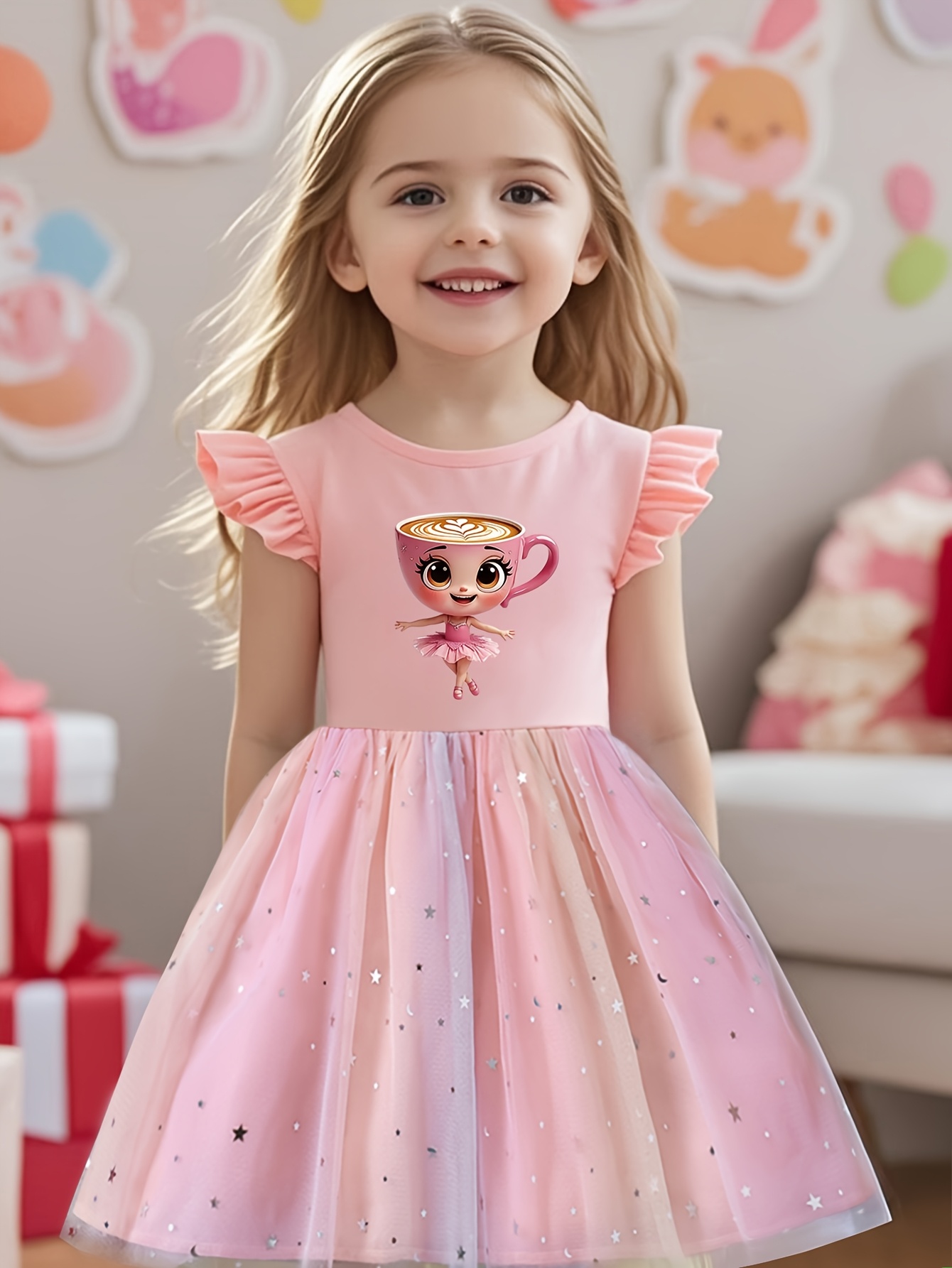Cappuccino ballerina print pattern girls casual dress, summer fashion small  flying sleeve mesh skirt * dress daily outdoor trendy clothing, suitable  for birthday parties and dances