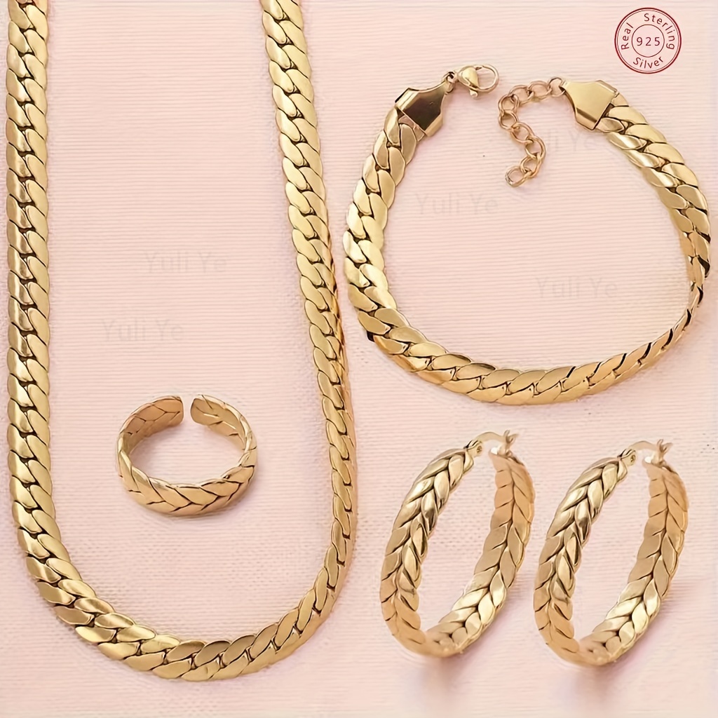 

14k Gold Plated Jewelry Set, Cuban Chain Design, Hypoallergenic Chain, Suitable For All , Comes With A Box