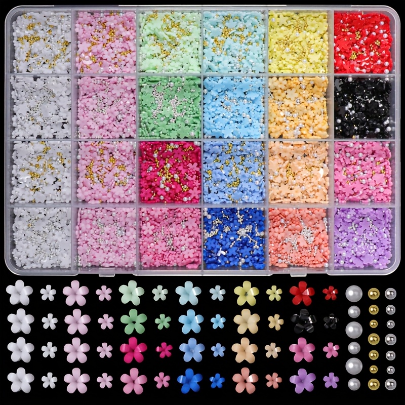 Image of Set Of 3000 Nail Art Charms - Assorted Sizes Of Resin Flower Ornaments Featuring Golden And Silvery Beads, Pearls, And Unscented Hypoallergenic Nail Caviar For Manicure Projects And Nail Art
