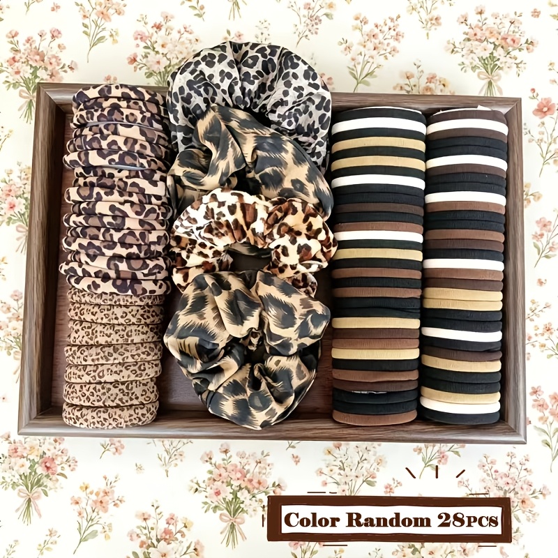 TEMU 28pcs Set, Random Colors, Leopard Print Vintage Women's Hair Additions Set, Large Hair Ties + Striped Hair Ties Combination, Focusing On Style,