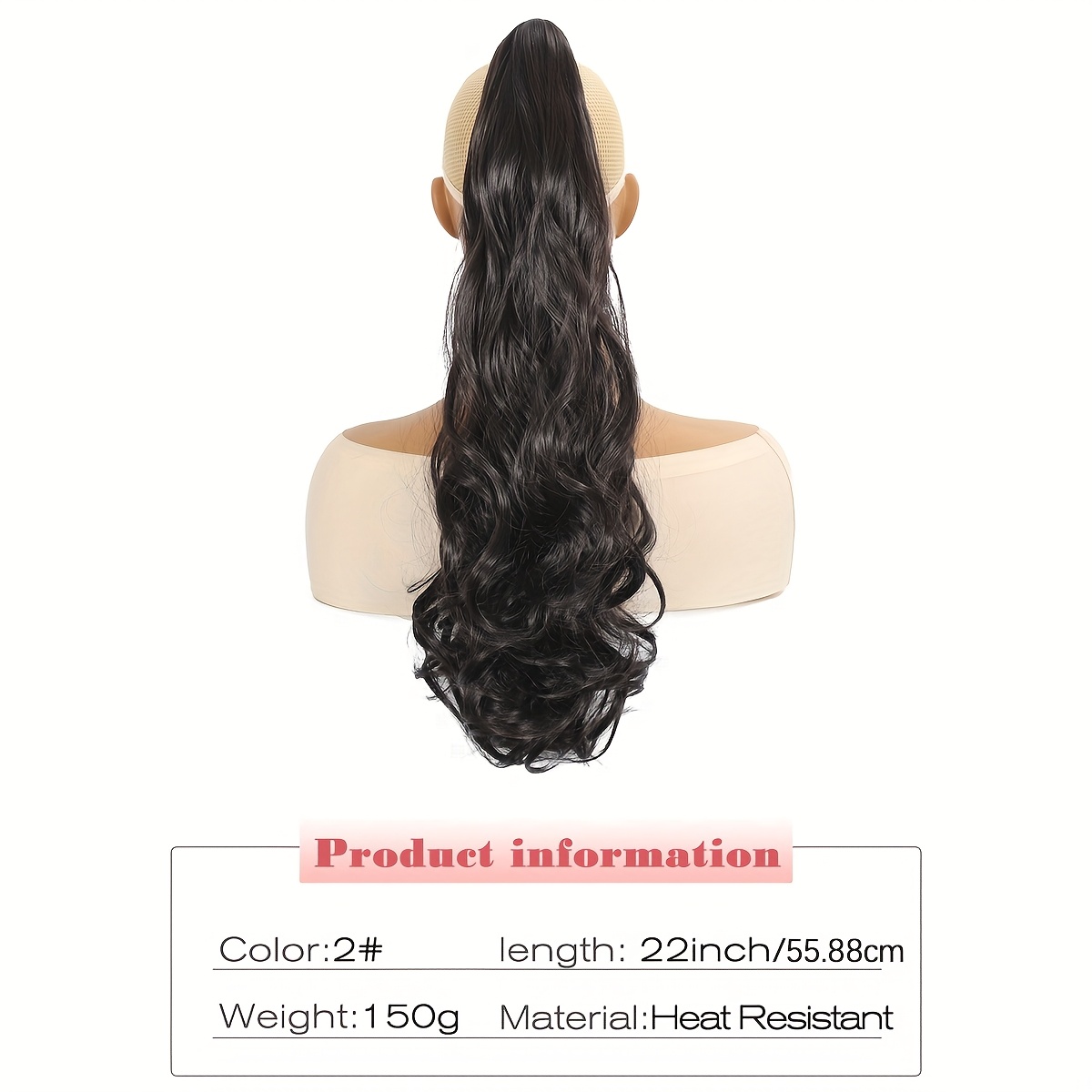 22-inch clip-in ponytail extensions with curly wavy hair, made from heat-resistant synthetic fibers, featuring a chocolate brown and black   and elastic  , suitable for women and girls for everyday wear and halloween costume parties. details 1