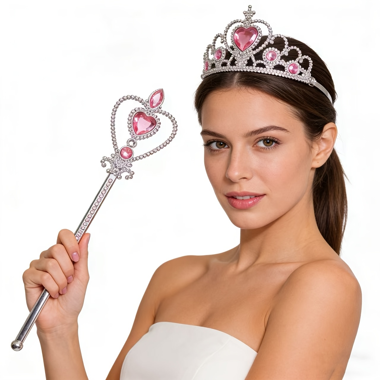 4pcs Pink and Blue Heart Rhinestone Crown Wand Set