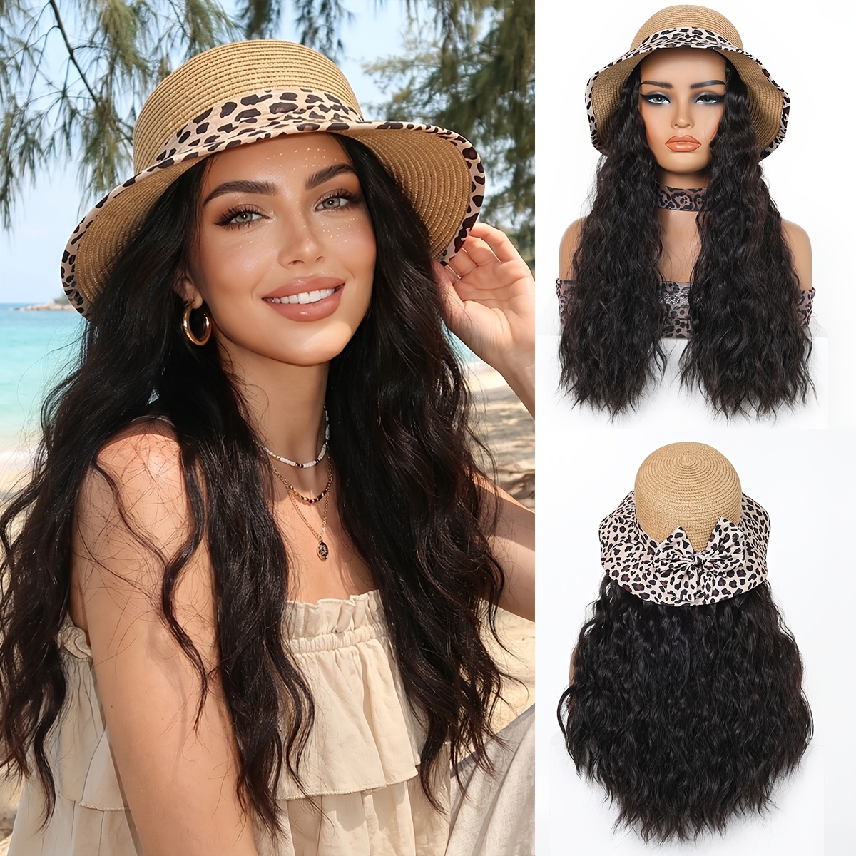 Image of 18-inch Light Golden-brown To Cream-golden Curly Straw Hat Wig Khaki Leopard-print Brim Sun Hat Wig Combo Detachable Wig-hat Long Wavy Curls For Beach Vacation