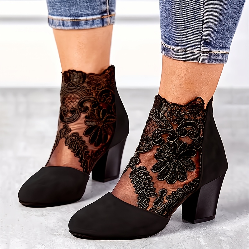 TEMU Women's Chunky High Heels Sheer Mesh Floral Lace Pumps, 2.83 Inch Block Heel Embroidered Round Toe Dress Shoes With Back Zipper, Elegant Classy