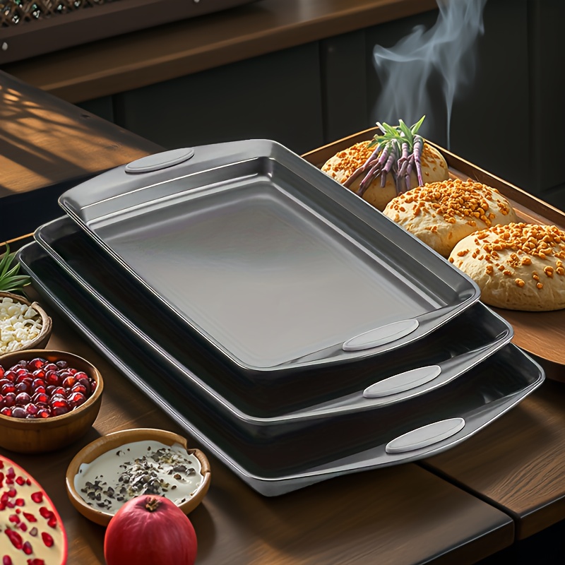 TEMU Chef Lang Bakeare 3pcs Set (small, Medium, Large) Carbon Steel Cooking And Baking Trays For Cakes And , Grey Silicone Grips, Kitchen Oven Accessories