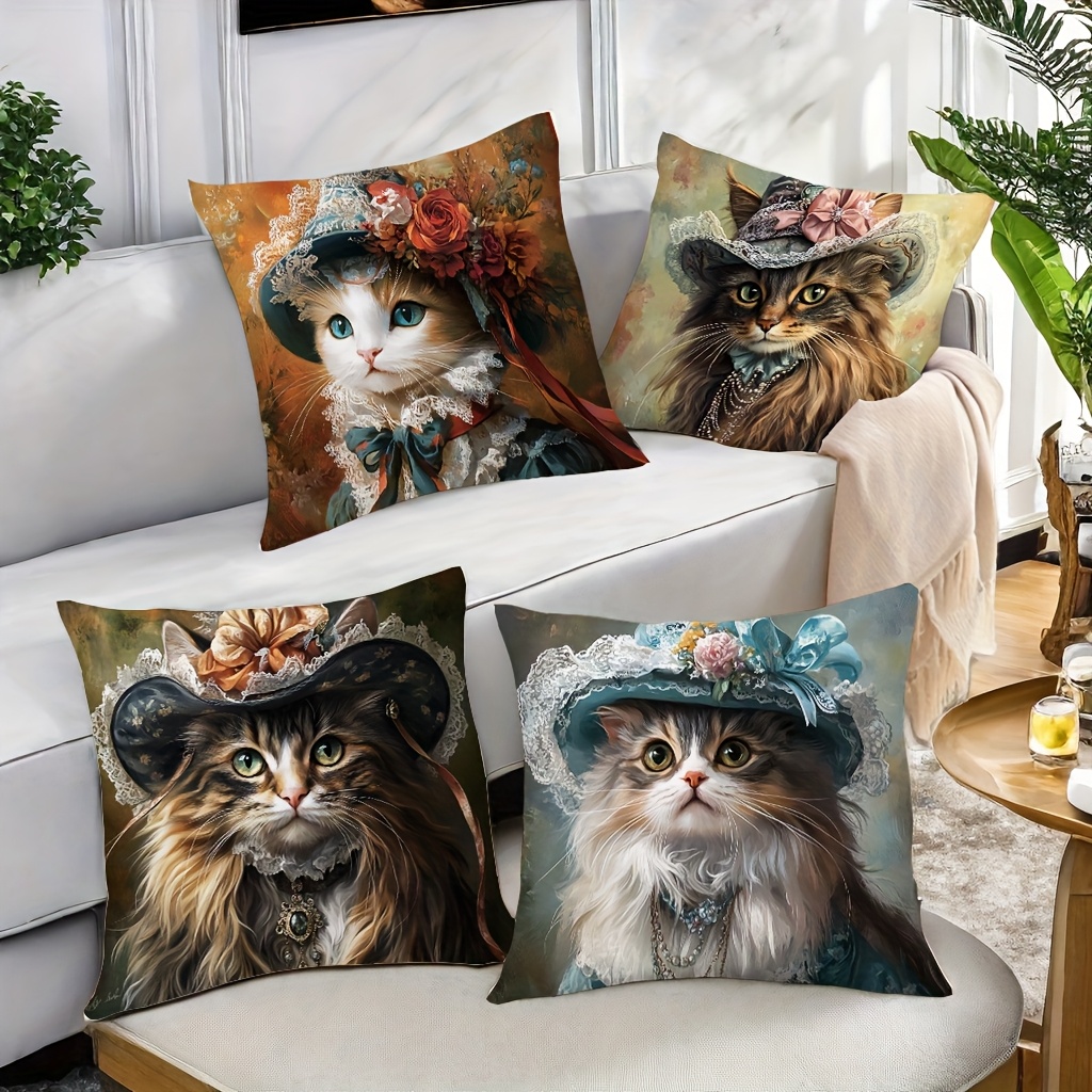 4pcs victorian elegant cat throw pillow covers large 17 72x17 72 inch   cases with zipper closure floral for sofa bed car living room decor pillow inserts not included perfect gift for cat lovers sofa accents whimsical   polyester bedroom accessories vintage design doublesided printing decorative pillows   Product details 3