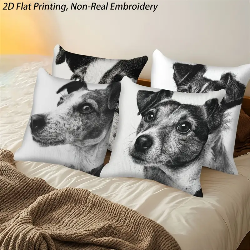 4pcs black and white terrier dog sketch throw pillow covers 2d flat printed realistic puppy adult cushion covers double sided luxury sofa room bedroom decor zipper closure machine washable no inserts home decor contemporary design print durable fabric decorative pillows pet lovers 2d flat Product details 0