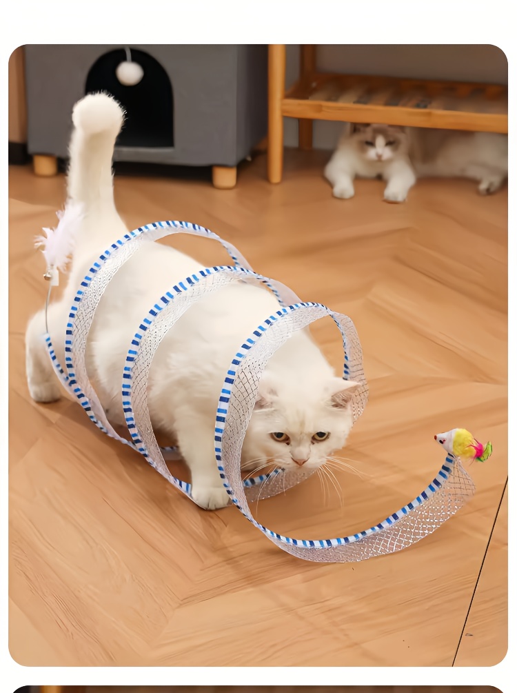 Deux tunnels pour chats en forme de ressort, pliables pour le divertissement et le jeu, tunnel spirale de chasse, équipés de jouets en plume et de souris, adaptés aux chatons, jouets d'intérieur pour chats.