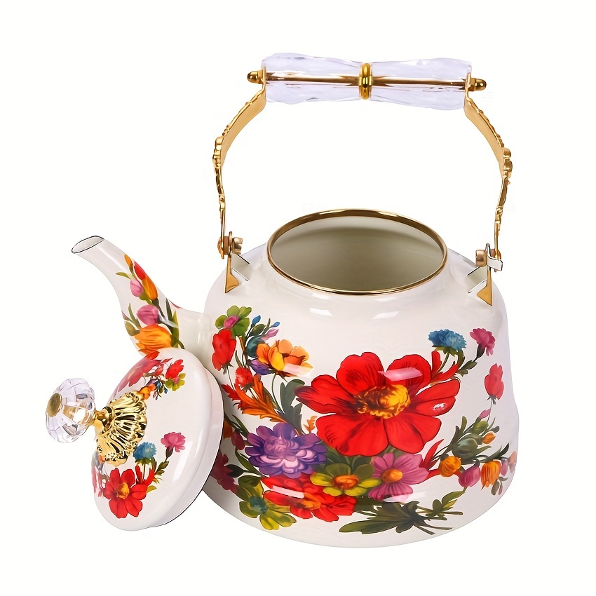 enamel tea kettle large capacity vintage   stovetop teapot with handle classic garden afternoon tea accessory traditional   non electric details 10