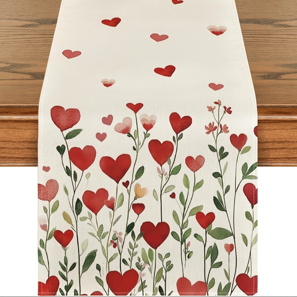 

1pc, Linen Red Heart Plant Valentine's Day Table Runner, Anniversary Wedding Leaves Kitchen Dining Table Decoration For Home Party Decor 13x48/13x72/13x108/inch