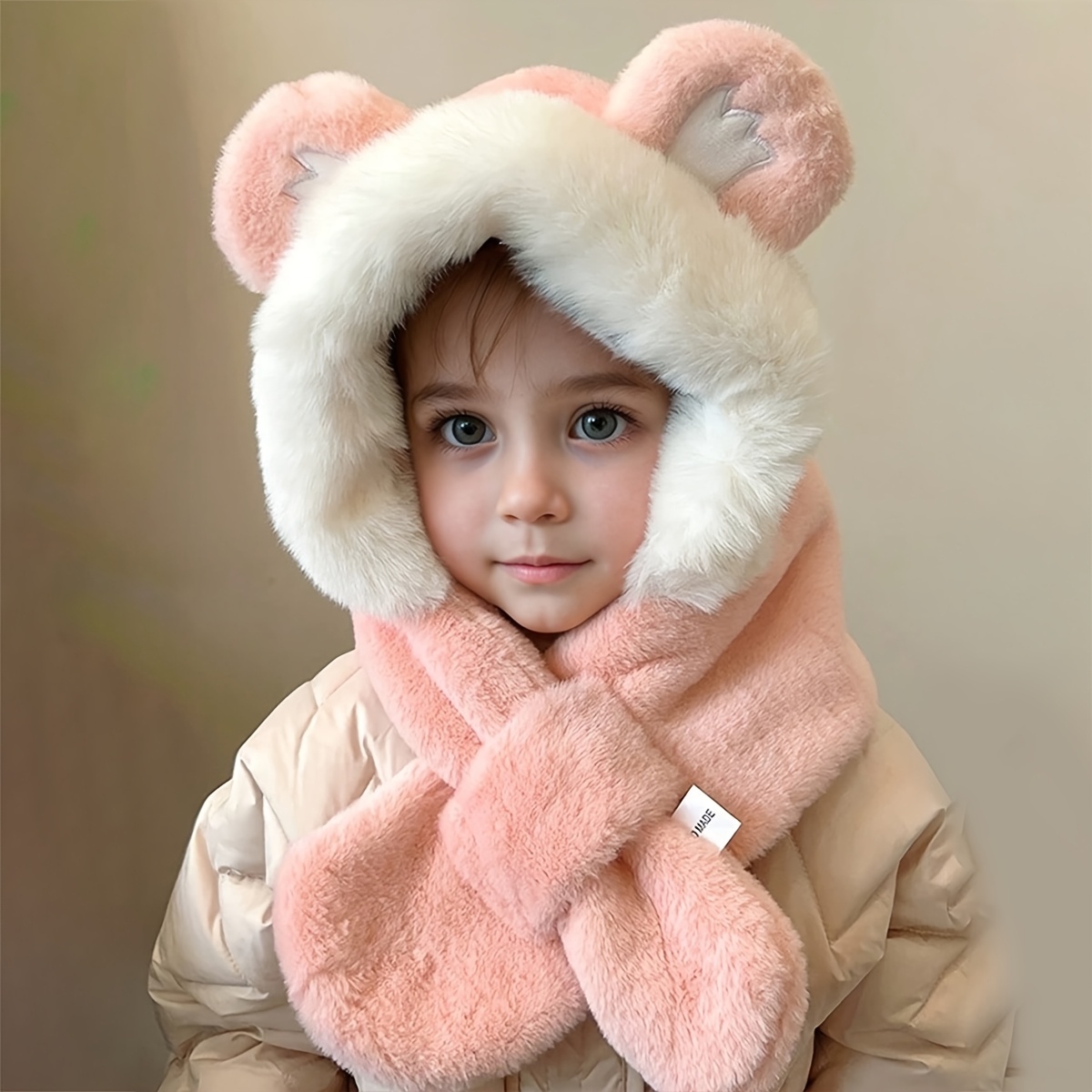 Image of 1pc 's Cute Cat Ear Winter Plush Thickened Ear And Neck Warmer, Daily Cat Paw Embroidered Hat And Scarf Set, Suitable 4 Years