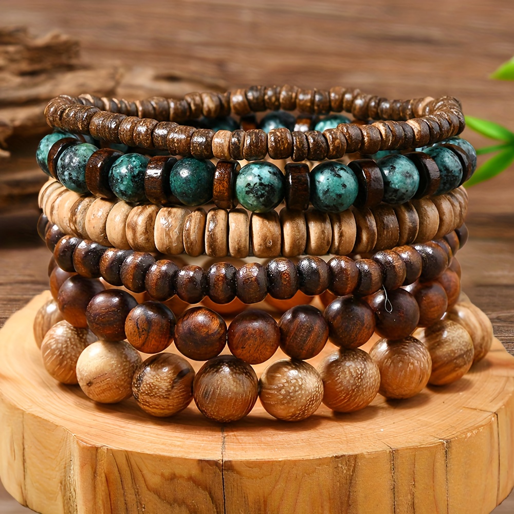 6 Peças Conjunto de Pulseirinhas Masculinas em Madeira   Pedra   - Estilo Vintage   na África com Camadas Múltiplas, Contando Com Fatias Naturais De madeiroa,   Verde E    /        – Para Uso Diário ou Festivo, Ótimo Presente para Homens (Aniversario Dia   Namorados Ano   Chineses) Material Durável Em Woodwoodwear Aproveite o ano todo
