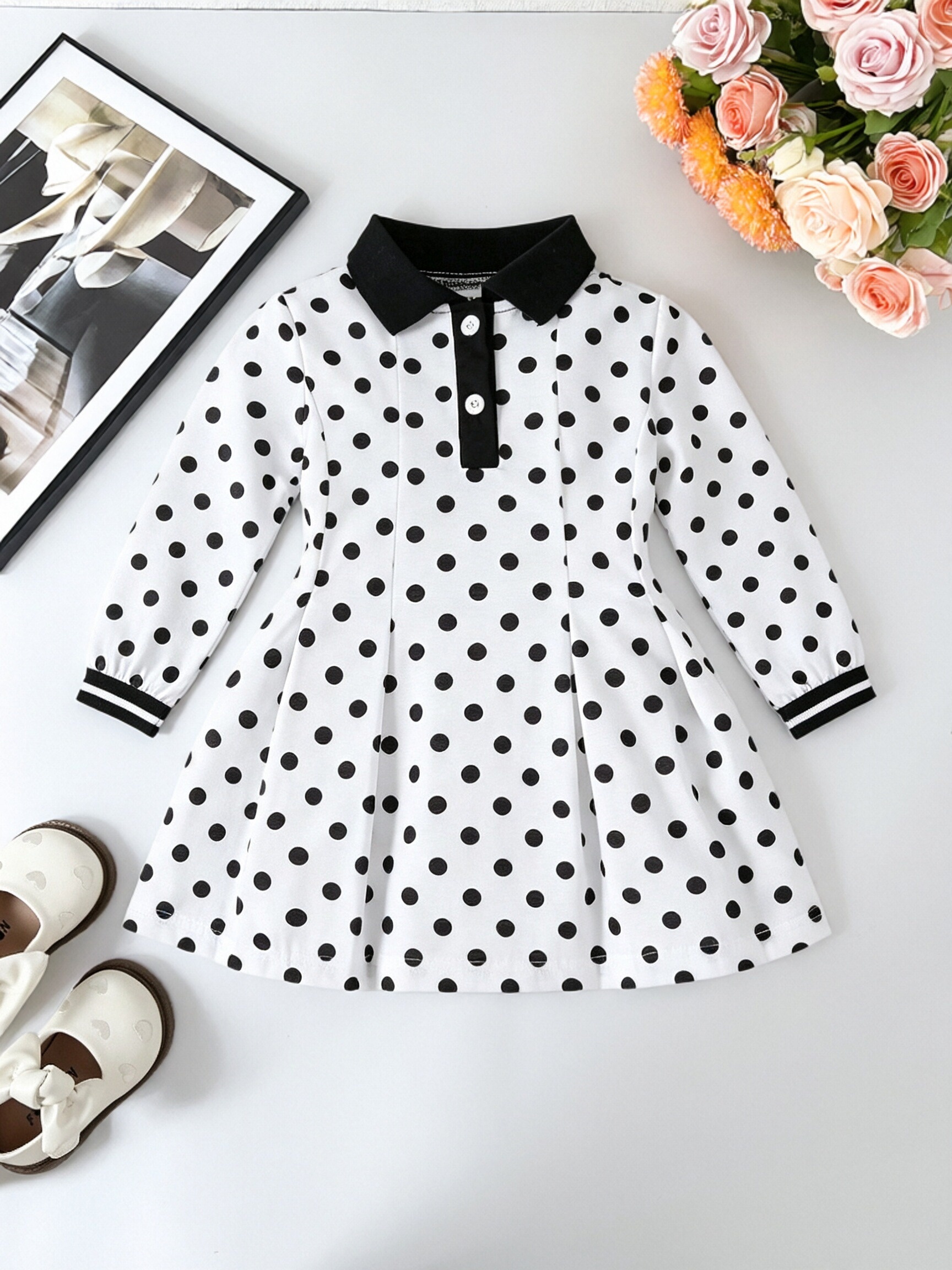 black white infant dresses and Toddler Girls' Long-sleeve * Dress, and Polka Dot Lapel A-line Pleated Skirt, Children's Spring/autumn Daily Casual Preppy Style Outfit Evening/Cocktail Dresses 6 Years (130cm) 68 Length:36
