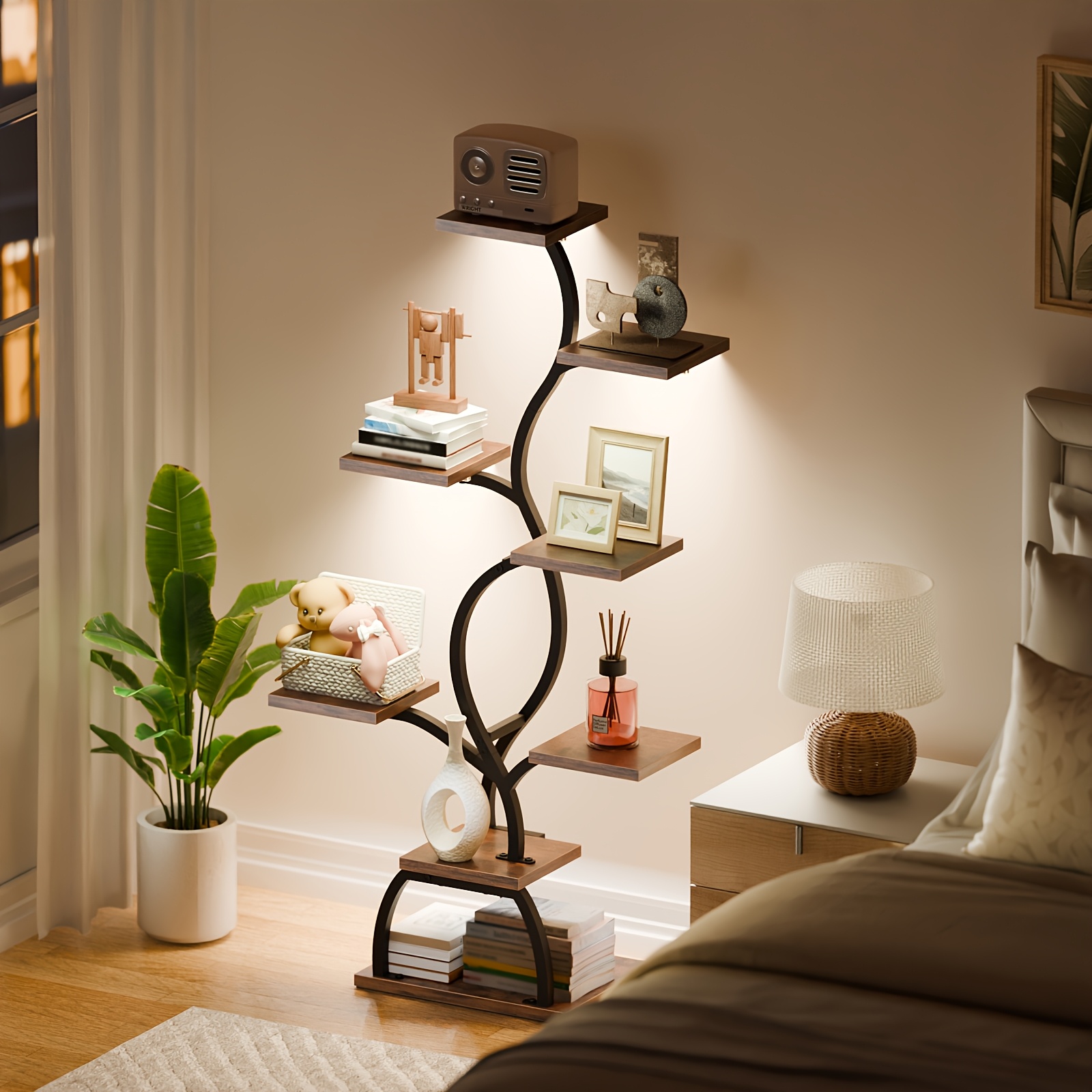 1pc Bookshelf with LED Lights- 8 Tier 123cm Multi-functional Metal Display Shelf Corner for Books Magazines Photo Frames, Vases, 48.7