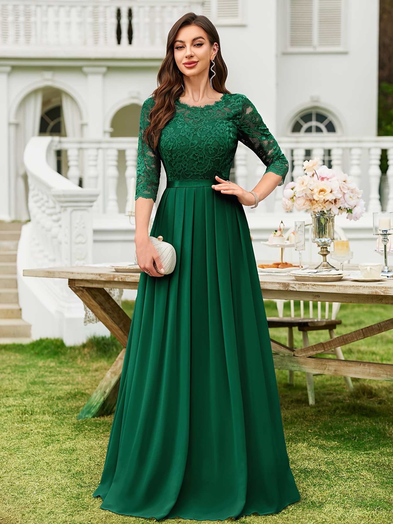 green emerald velvet dress 3/4 Sleeve Dress - Komarov Clothing Official Site main image 0