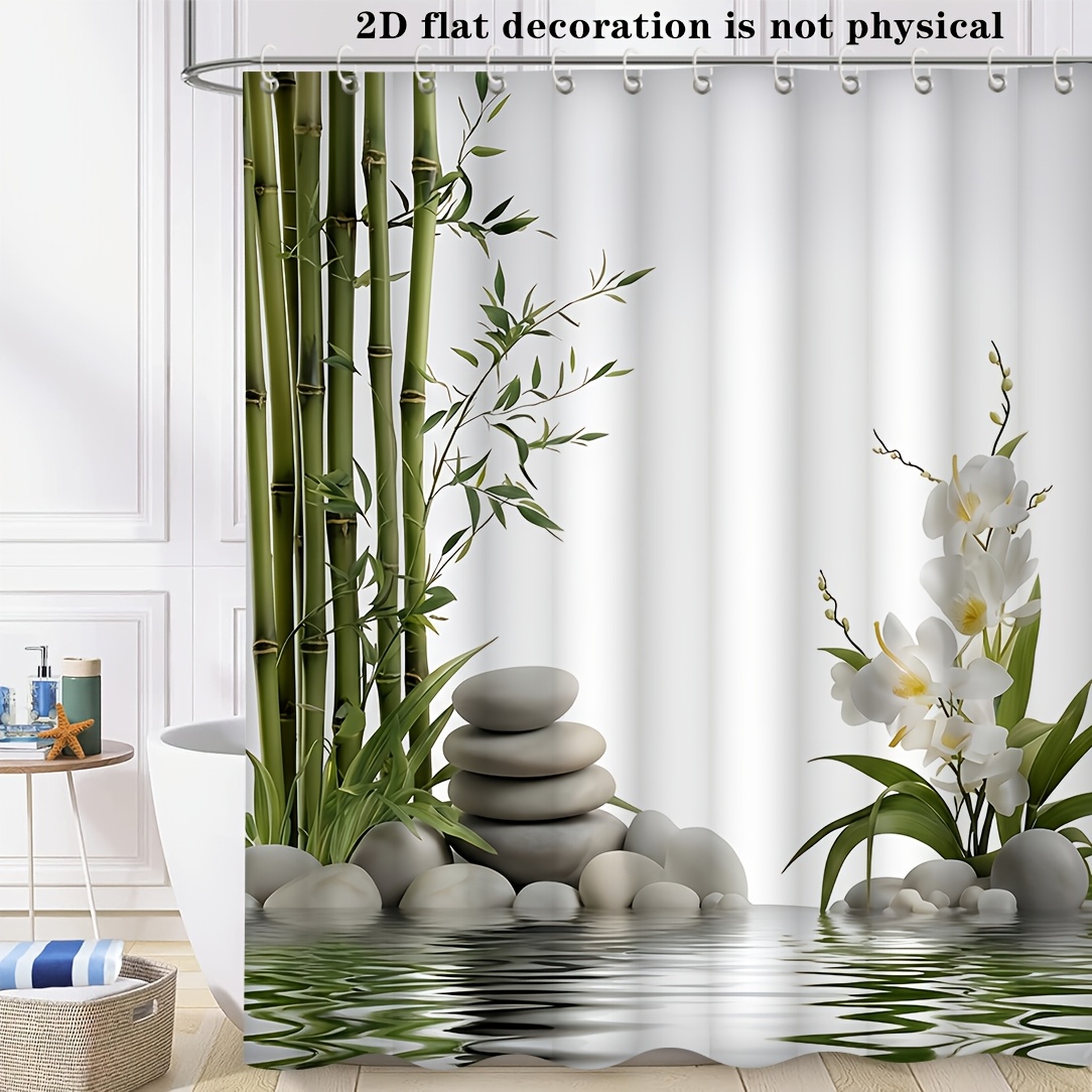 TEMU Rideau de douche/bain 1pc Rideau de douche And Orchid - Tiges hautes, orchidées blanches et design de galets, tissu en polyester durable, 70X70