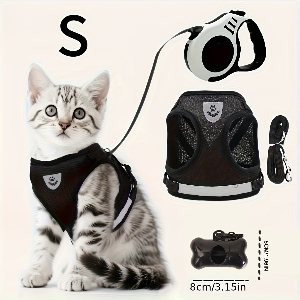 Harnais Ajustable et Respirant pour Chien et Chat avec Laisse Rétractable Automatique (5,0 mètres) et Distributeur de Sacs à Déjections - Gilet -Fuite Adapté aux Chiots, Chatons, Promenades en Extérieur - Système Laisse et Harnais, Lavable en Machine