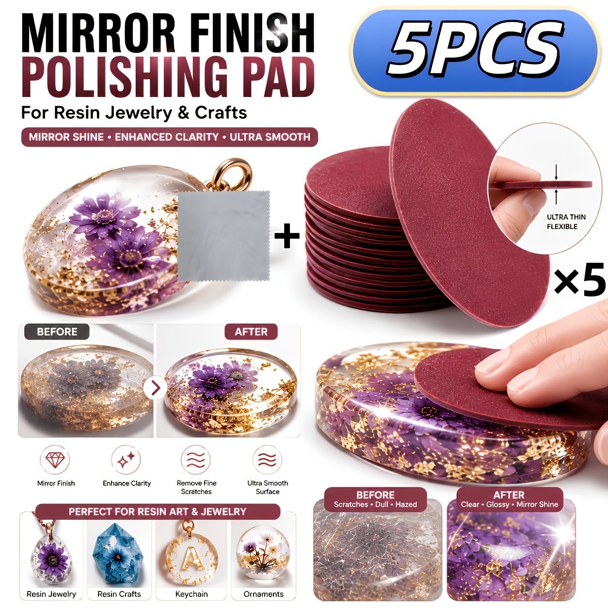 TEMU 20/10/5pcs Mirror End Polishing Discs For Epoxy And Resin Projects (with Cleaning Cloth), Upgraded Scratch-resistant Disc, Clear Gloss