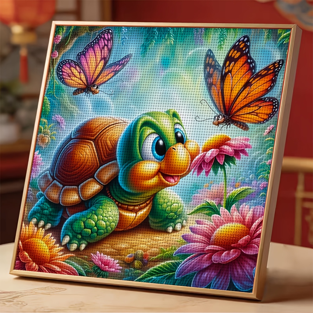 Frameless Cross-Stitch Kit, Cute Turtle with Flowers and Butterflies