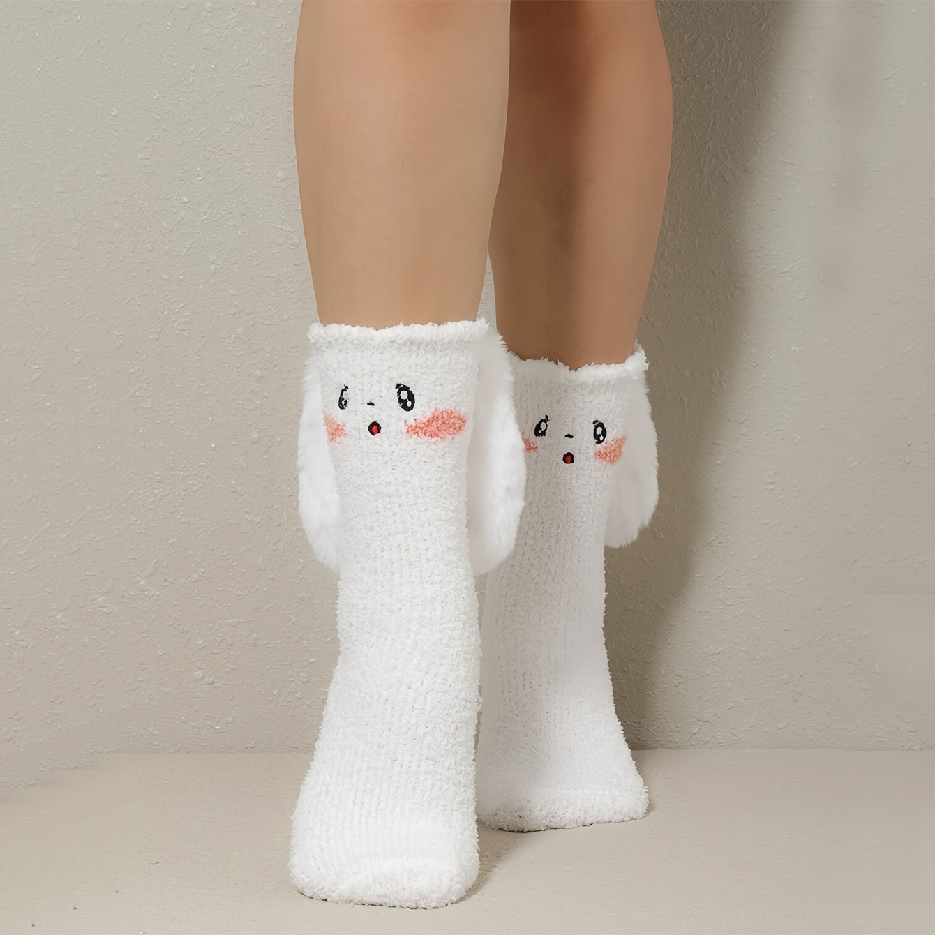 

3d Cartoon Bunny Socks, Kawaii & Warm Fluffy Home Floor Crew Socks For Fall & Winter, Women's Stockings & Hosiery