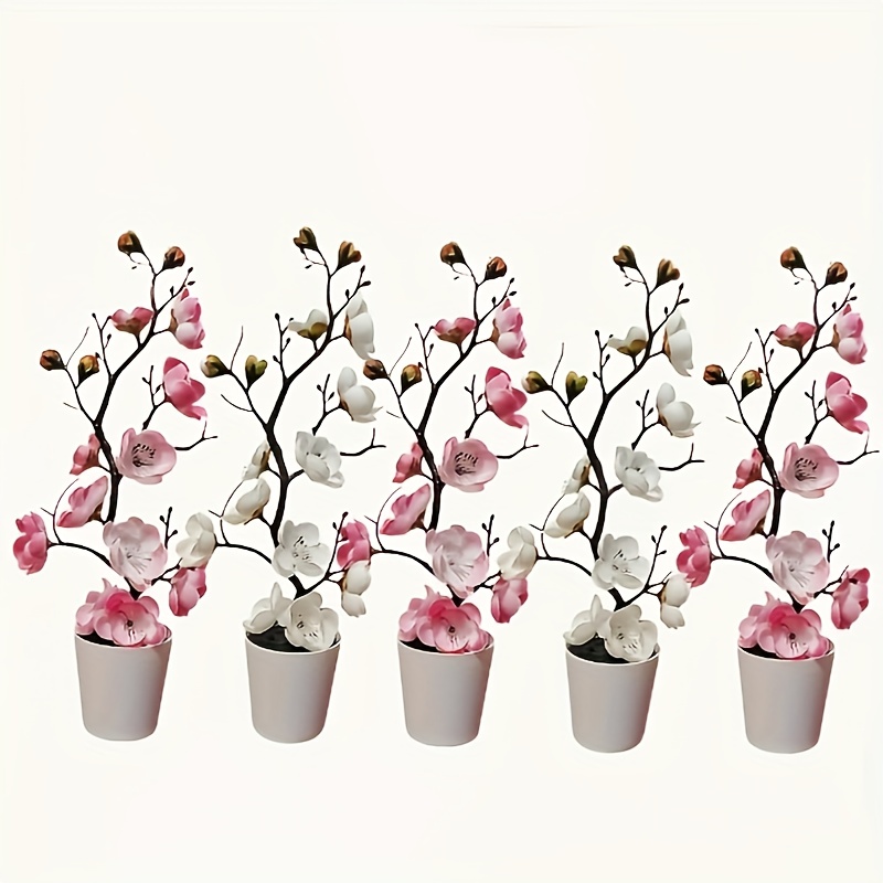 Image of 5pcs Set Of Vibrant Artificial Plum Potted Plants – Ideal For Weddings, Proposals, Anniversaries, Living Room Table Decor, And Office Display (3 + 2 White)