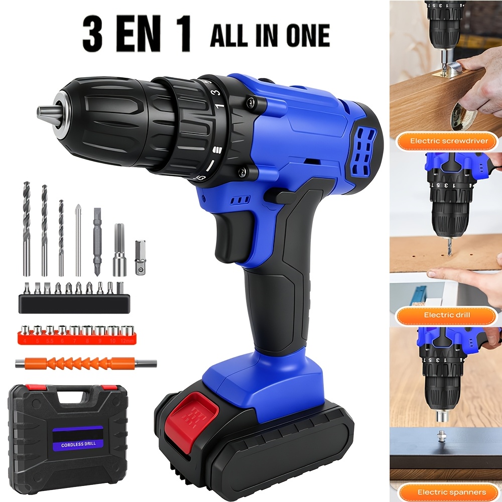 TEMU 1 Pack 3-in-1 Power Tool - Cordless Drill & Electric Spanner & Electric Screwdriver Set For Drilling, Tightening/loosening Screws - Multiple