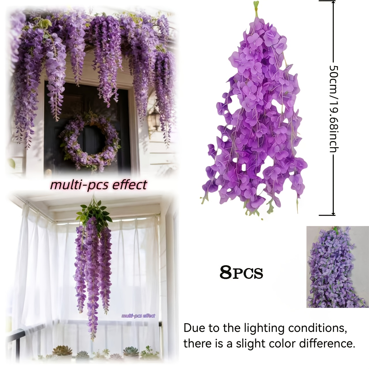 TEMU 8pcs High-simulation Artificial Wisteria Vines, Flowers, Hanging Ivy Climbing Vine Design, Maintenance-free, Never Wilting, Suitable For Wedding