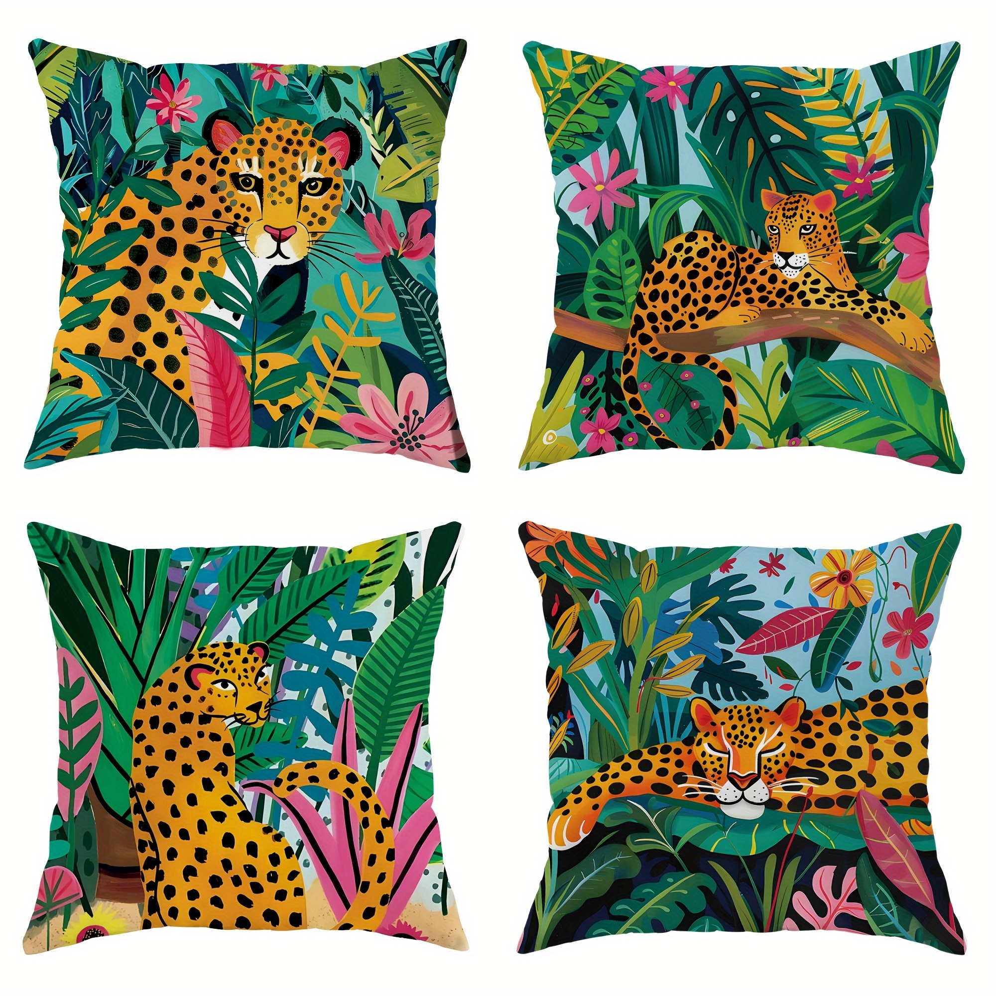 

4-piece Tropical Velvet Throw Pillow Covers Set - Leopard & Banana Leaf Design, 18x18 Inches - Zip Closure, Machine Washable For Living Room & Bedroom Decor